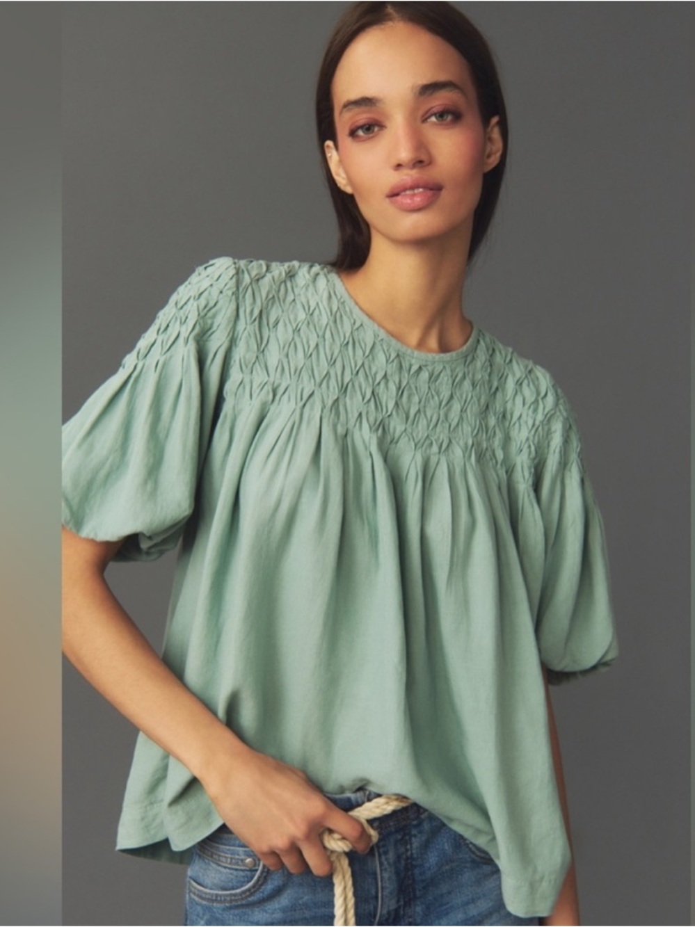 The Liza Puff-Sleeve Smocked Linen Top by Anthropologie Small Green Blue XS